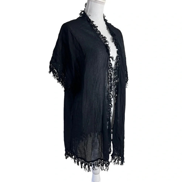ASOS Black Lightweight Cardigan Size 6 Fringe Trim Short Sleeves Semi Sheer Top - Picture 2 of 7